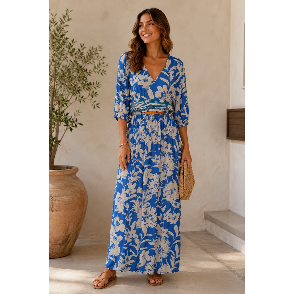Maeve Anthropologie Blue‎ Floral V-Neck Maxi Dress with Pockets Size 16